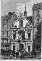 Exteriörvy av hotellet för tidningen "" Le Figaro"" i Paris på 26, rue Drouot. Gravyr i "" Le Monde Illustré"" nr 888 av 18 april 1874.