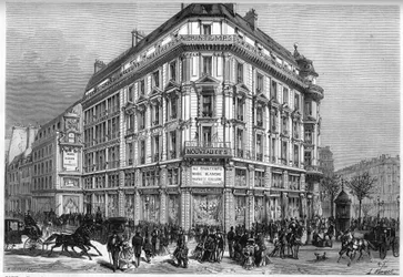 Exteriörvy av de nya Printemps-butikerna i Paris, dagen för invigningen av "Wien-hissarna" 1874. Gravyr i "" Le Monde Illustré"" nr 885 den 28 mars 1874.