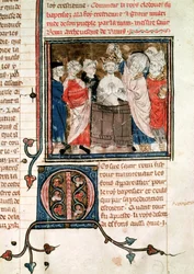 F.11r St. Remigius (c.438-533) Biskop av Rheims, dop och smörjelse Clovis I (465-511) Frankernas kung, från Grandes Chroniques de France, 1375-79
