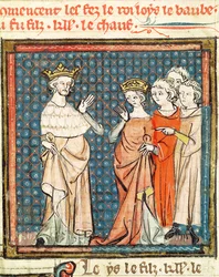 F.180r Ludvig II:s äktenskap (846-79) stammaren och Adelaide av Frioul, drottning av Aquitaine, från Grandes Chroniques de France 1375-79