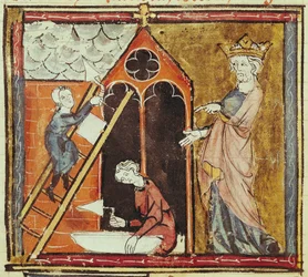 F.235v Kung Ludvig VI (1080-1137) Tittar på byggandet av en kyrka, från Grandes Chroniques de France 1375-79