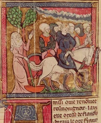 F.288r Ferdinand av Portugal (1186-1233) Greve av Flandern förd som fånge till Paris efter slaget vid Bouvines, 27 juli 1214, Grandes Chroniques de France, 1375-79