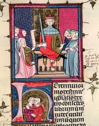 F.39r Conjugal Law, en äktenskaplig hustru som framträder i rätten, från Justiniani i Fortiatum