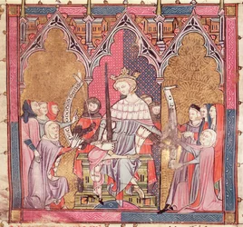 F.3r The King Administering Justice, från Justiniani i Fortiatum