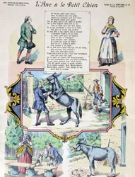 Fable de La Fontaine "Åsnan och den lilla hunden". Bild av Epinal-Pellerin