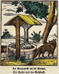 Fables de La Fontaine: räven och de goda. Bild av Epinal, första hälften av 1800-talet