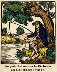 Fables de La Fontaine: den lilla fisken och fiskaren. Bild av Epinal, första hälften av 1800-talet.