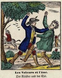 Fables de La Fontaine: tjuvarna och åsnan. Bild av Epinal, första hälften av 1800-talet.