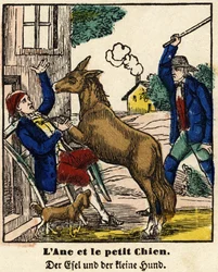 Fables of La Fontaine: åsnan och den lilla hunden. Bild av Epinal, första hälften av 1800-talet