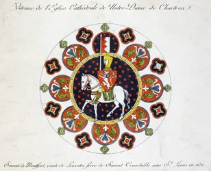 Fac-liknelse från ett målat glasfönster i kyrkan Our Lady of Chartres: Simont de Montfort, greve av Leicestre, bror till Simont Conétable under Saint Louis 1231.