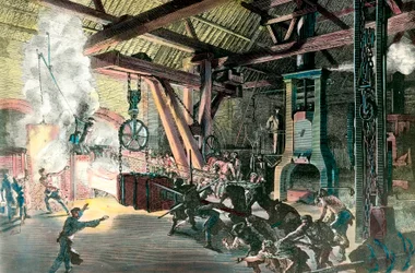 Fabrik: "" Le hamteau trummis (hammar-trummis) des forges du Creusot 1865"" Gravyr omkring 1865. Privat samling