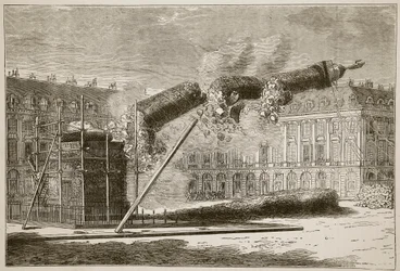 Fall of the Vendome Column, april 1871, illustration från Cassells historia om kriget mellan Frankrike och Tyskland, 1870-1871