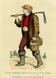 Bondedräkt från 1600-talet till 1700-talet. Färggravyr efter en teckning av Chevignard, i ”Frankrike och fransmännen genom århundradena” av Augustin Challamel, F. Roy, förläggare, Paris 1882. Selva-samlingen.