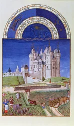 Faksimil av september: skörd av druvor av bröderna Limbourg, från Tres Riches Heures du Duc de Berry (för original se 8441)