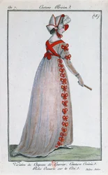 Modedesign för en parisisk damklänning, cirka 1799