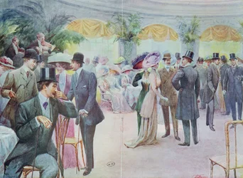 Modeskylt som föreställer en föreningssammankomst, 1908