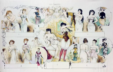 Modetallrik för La Vie Parisienne föreställande korsetter, ca 1870 (färgstick)