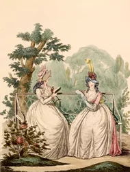 Modetallrik av damer i sommardagsklänningar - Modes Anglaises, 1794