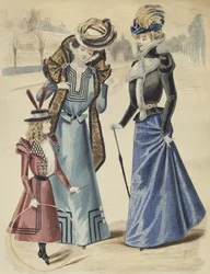 Modetallrik, på boulevarden, illustration från La Nouvelle Mode, 1897 (färggravyr)