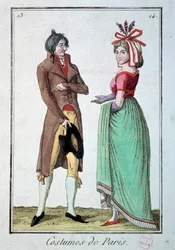 Mode under katalogen: ett par eleganta, kvinnan bär hatt vid trädgårdsmästaren. Gravyr från 1795. Paris, kostymmuseet