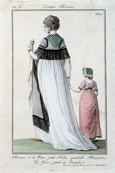 Mode under styrelsen: elegant ung parisisk kvinna som bär Titus, gasvävsmantel med spets. 1797. Paris, kostymmuseum