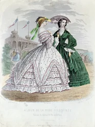 Fashionabla parisiska damer vid havet, 1861 (färggravyr)