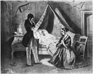 Fader Goriot på sin dödsbädd, illustration från "Le Pere Goriot" av Honore de Balzac (1799-1850)