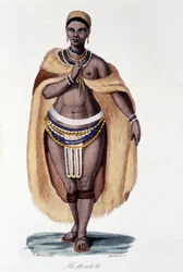 Hottentotkvinna (Venus Hottentote) i traditionell dräkt - i ""Bibliotheque Universelle des Voyages"" av Albert Montémont, red. Armand Aubrée
