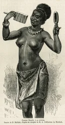 Femme Okanda har sin toalett, ritad av D.Maillard, för att illustrera historien om en resa till Gabon och floden Ogoue, 1875-1877, av Alfred Marche. Gravyr i Le tour du monde