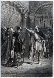Feodal regim: "Vem gjorde dig till kung? "" : Audebert (Adalbert), greve av Perigord (968-995), svarar oförskämt på kung Hugues Capet (938-996) som frågade honom vem som fick honom att räknas - Gravering av däck "Histoire de France" av Guizot