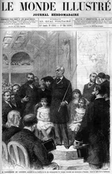 Ferdinand de Lesseps är omgiven av sin familj och reskamrater och berättar om sin resa till Panama i Salle de la Sorbonne. Omslag till "Illustrous World" från 1880.