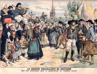 Festival för bevarande av traditionell bretonsk kostym. Regionalkongressen i Bretagne. Ett pittoreskt firande för att bevara den bretonska dräkten. Illustration för Le petit Journal