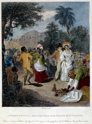 Fest för svarta människor på ön Saint Vincent (Centralamerika, Antillerna). Gravyr från 1800-talet. Chartres, konstmuseet