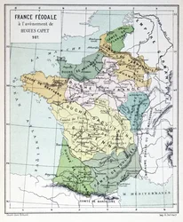 Feodala Frankrike vid Hugues Capets tronbestigning år 987, karta illustrerad i en Histoire de France, omkring 1880