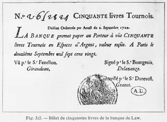 Fransk femtio pundssedel från Law Bank, daterad 2 september 1720