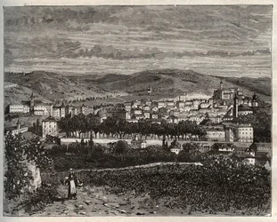 Figeac - Lot, i regionen Midi-Pyrénées - gravyr i "La France illustree: geografi, historia, statistisk administration" av V.A. Malt-brunt. 1884