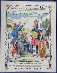 Fight Against Alcoholism!, en illustration av galliska krigare från ett skyddsfodral för skolböcker, sent 1800-tal