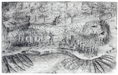 Huroner i strid, ur "Voyage de Champlain in 1624" av Samuel de Champlain (1567-1635)