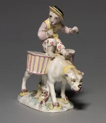Figur av en apa på en hund, tillverkare Mennecy-Villeroy Factory, Frankrike, ca 1760