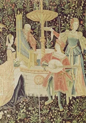 Figurer runt en fontän, detalj från The Concert at the Fountain, Loire workshop, ca 1570-80 (se 87759, 19846)