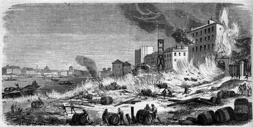 Brand i Bercys vinlager den 5 augusti 1860. Gravyr i "" Le Monde Illustré"" nr 174 av 11 augusti 1860.