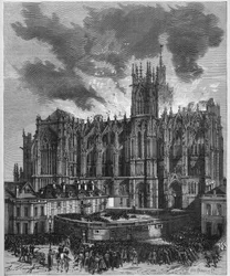 Brand i Cathedrale Saint Etienne (Saint Stephen) i Metz (Moselle, 57), 7 maj 1877. Gravyr i "" Le Monde Illustré"" nr 1049 av 19 maj 1877.