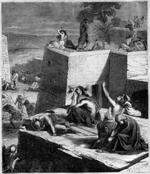 Första korståget (1096-1099): De tyska korstågen krossar ungrarna och satte eld på städerna. Gravyr i "Histoire des Papes-Rois-Queen and Empereurs a travers les centuries"" av Maurice Lachatre
