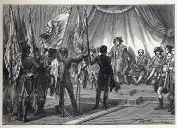 Första koalitionen: Joachim Murat (1767-1815) presenterar för styrelsen de flaggor som erövrades av den franska armén, under befäl av Napoleon Bonaparte, under det italienska fälttåget. Gravyr från 1889. Privat samling.