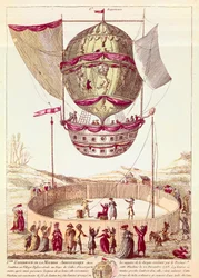 Första flygningen med en varmluftsballong, 22 december 1783 i Defsessebruk (Wales) (litografi)