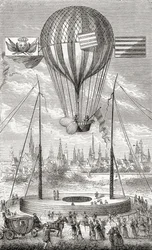Första flygningen med en styrbar ballong, från Dijon, 12 juni 1784, från "Wonderful Balloon Ascents or the Conquest of the Skies", av Fulgence Marion, publicerad ca 1870