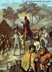 Första befrielsen av de livegna (1315) av Louis X. Chromolithography of the series "" Patriotic learning through image"".