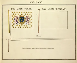 Flagga av Ludvig XVIII och Karl X, kungar av Frankrike, från Pavillons des Puissances Maritimes (färgstick)