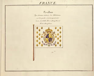 Flagga av Dauphin och Dauphine, Louis-Antoine och Marie-Therese av Frankrike, från Pavilions of the Maritime Powers, c.1815-30 (färgstick)
