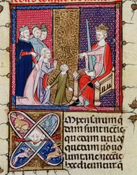 Fol.11v Ett barn och hennes mor framträder inför en domare, från Justiniani i Fortiatum